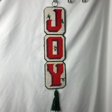 Vintage Christmas Wall Decor Handmade JOY Plastic Canvas Red Needlepoint