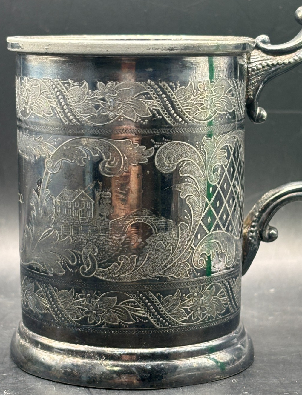 Antique Victorian Silver Plated Baby Cup River Bridge Farm House Engraving Lura