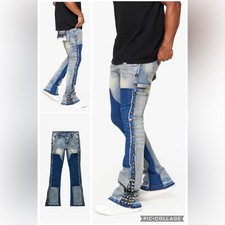NWT VALABASAS BLUE BIANCA "GLAZ" STACKED FLARE STREET HYPE DENIM JEANS 42