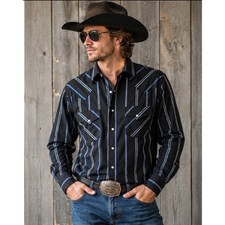 Vintage 90s Ely Plains Pearl Snap Western Shirt Black Striped Cowboy Med Rodeo