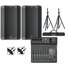 Harbinger VARI 3415 15" Powered Speakers Package w/LX12 Mixer, Stands and Cables