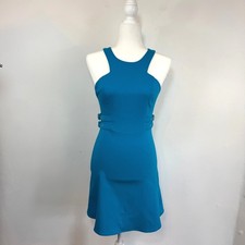 Y2K Guess Teal Buckle Mini Dress XS Bodycon Fit Flare Racer Neck Party 2000s