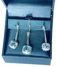 Zales Cushion Cut Blue Topaz Vtg Style Necklace & Earrings 925 Sterling Silver