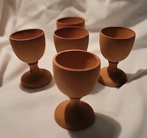 Wood Egg Cups Shot Glasses Mid Century Modern Yugoslavia Set Of 5 Hand Made - Picture 2 of 8