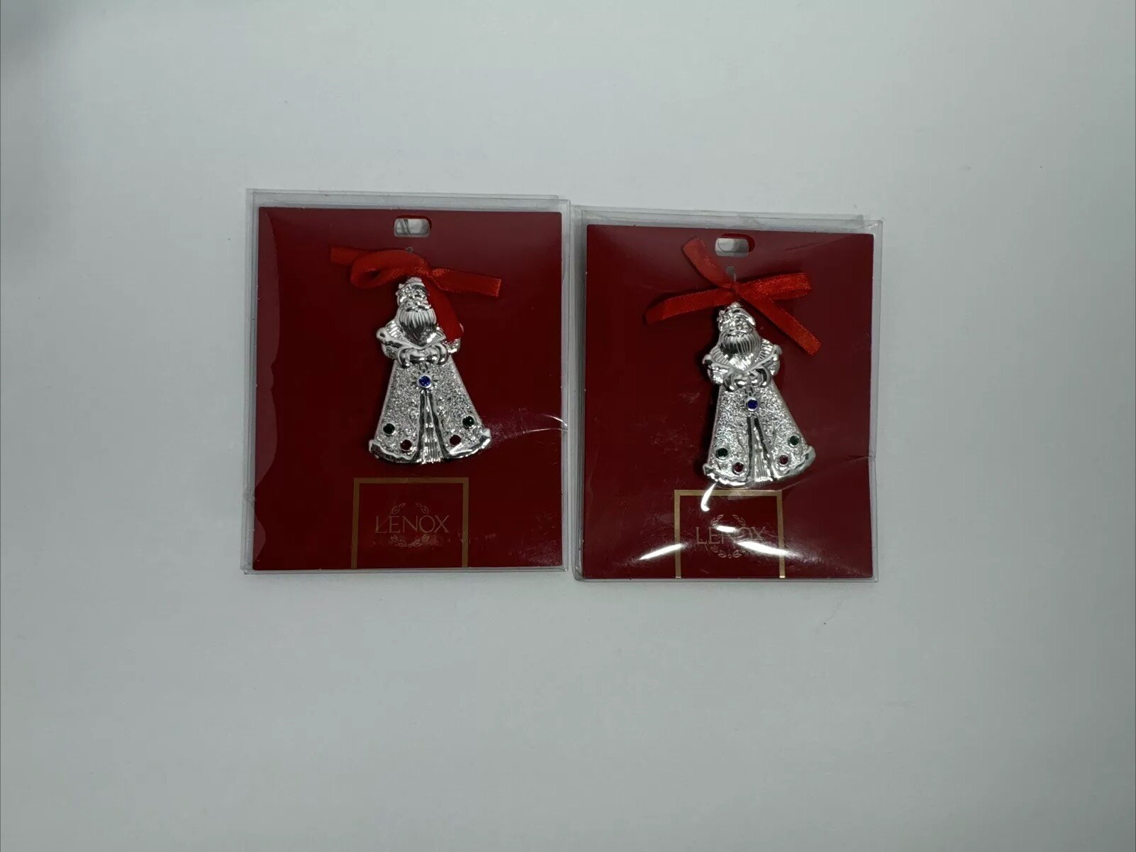 2 Lenox Jeweled Silver Charm Santa Ornament 2.5in