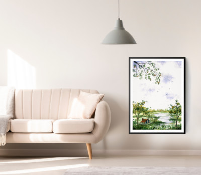 Nature Print, Forest Wall Art, Watercolor Framed Vector Wall Art, Oil Painting