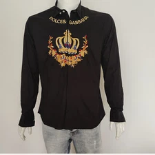 Men's Button Down Long Sleeve Shirt Cotton D & G Crown Embroidered Black / Gold