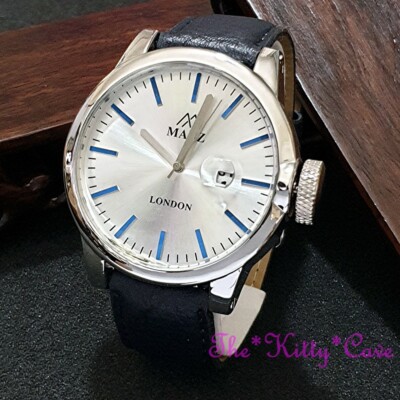 Großer Klassiker Blau Lederarmband, Silber Stahl, Datumsanzeige Zifferblatt  Uhr