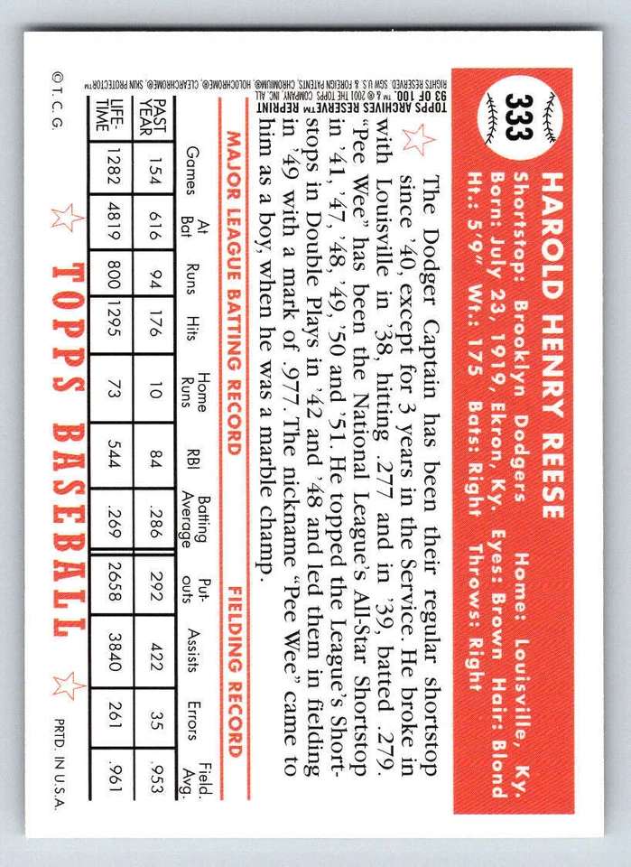 2001 Topps Archives Reserve #93 Pee Wee Reese 52 (ref 198988) - Image 2 of 2