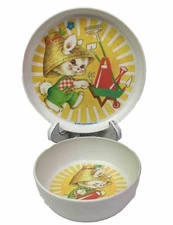 Vintage 1975 The First Years Child’s Dish Set Melamine Plate & Bowl Bunny Rabbit