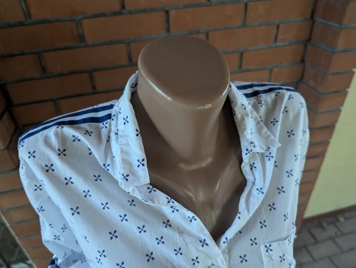 Emily van den bergh Size 40 white/blue roll tab sleeve womens shirt blouse - Picture 10 of 17
