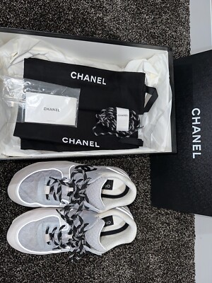 Chanel CC Logo Quilted White / Grey Suede Trainer Sneakers