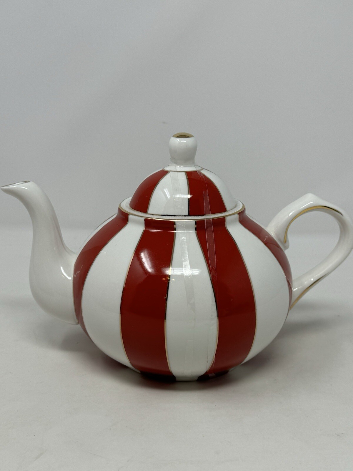 GRACE TEAWARE Fine Porcelain Teapot Holiday Red White Gold Peppermint Stripe NEW