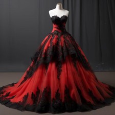 Gothic Wedding Dresses Red Black Strapless Ruffles Lace Appliques Bridal Gowns