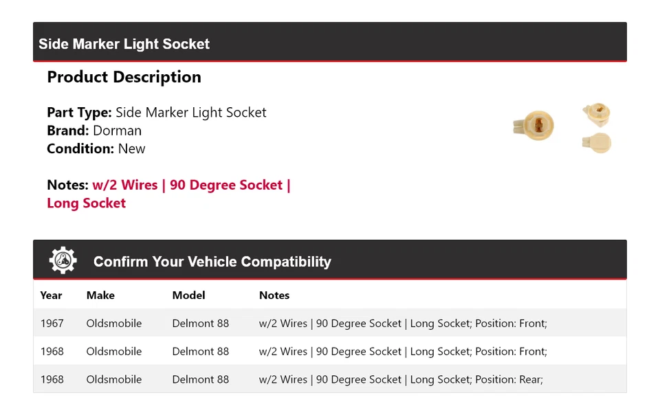 Enchufe de luz marcadora lateral Dorman Oldsmobile Delmont 88 1967-1968 Foto 2 de 4