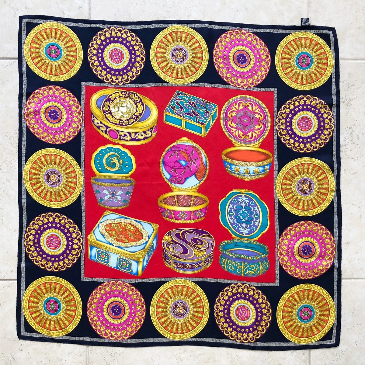 GIANNI VERSACE navy blue red silk scarf Japanese Jewelry Box size