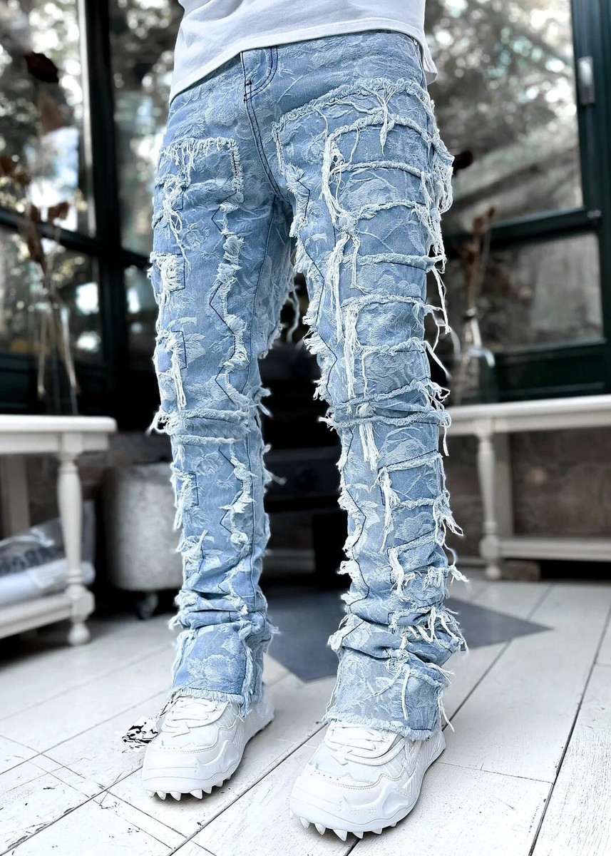 【DISCERNMENT】Send Damage Down Denim Pants Men's Regular Fit Stacked Jeans Ripped Slim Fit Patch