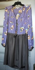 $595 Rebecca Taylor Sleeve floral purple Silk  Dress Piping skirt   8/M/6/Med/MP