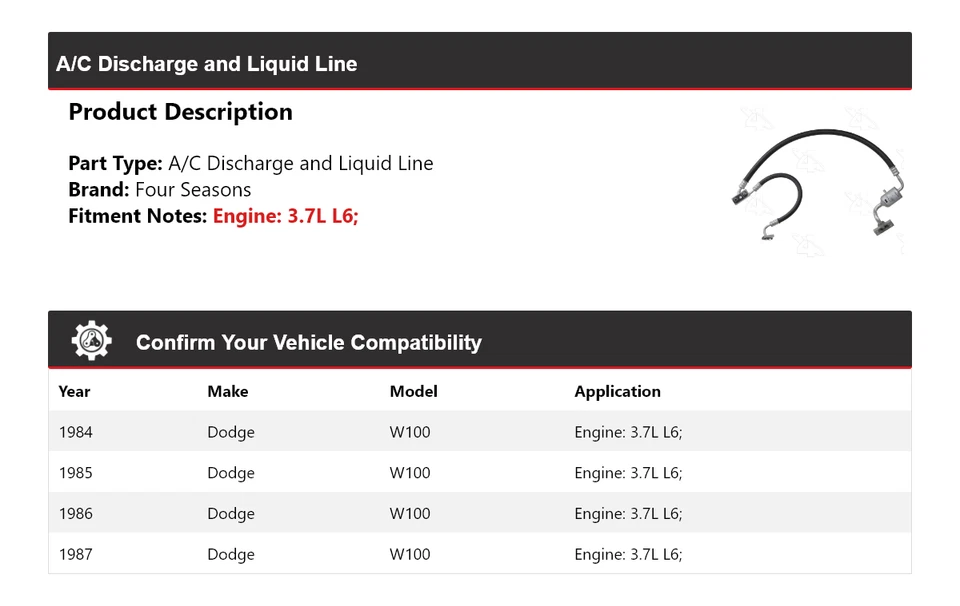 Para Dodge W100 1984-1987 3,7 L L6 aire acondicionado descarga y línea líquida 4 estaciones 1985 Foto 2 de 4