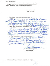 SAM CHAPMAN SIGNED QUESTIONNAIRE BECKETT CERTIFIED AUTHENTIC AUTOGRAPH BASEBALL