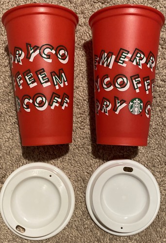 2013 Starbucks Red Merry Coffee Reusable Plastic Travel Cup Tumblers 16 oz 2 Lot