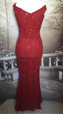 Evening Dress 14 Red Sequin Lace QUIZ Ballgown Bardot Fishtail Prom Stretch  VBar