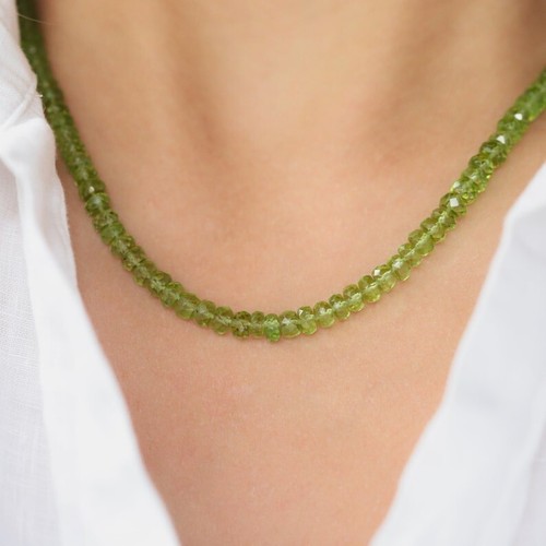 AAA++ Green Peridot Faceted Rondelle 3-4MM Gemstone Beaded 18" Handmade Necklace - Picture 4 of 8