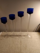 4 Pc. Cobalt Blue Glass Candleholder Set, Graduating Sizes, Clear Stems