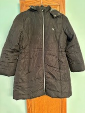 Calvin Klein Girls Puffer Long Coat Jacket Black Faux Fur Hood Youth M 8/10 