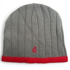 VINTAGE ROCKAWEAR GREY KNIT BEANIE WITH RED TRIM DETAL EMBROIDERED LOGO