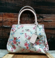 Guess Bag Purse Handbag Satchel Cream Pink Floral Snap Closure Faux Leather NEW