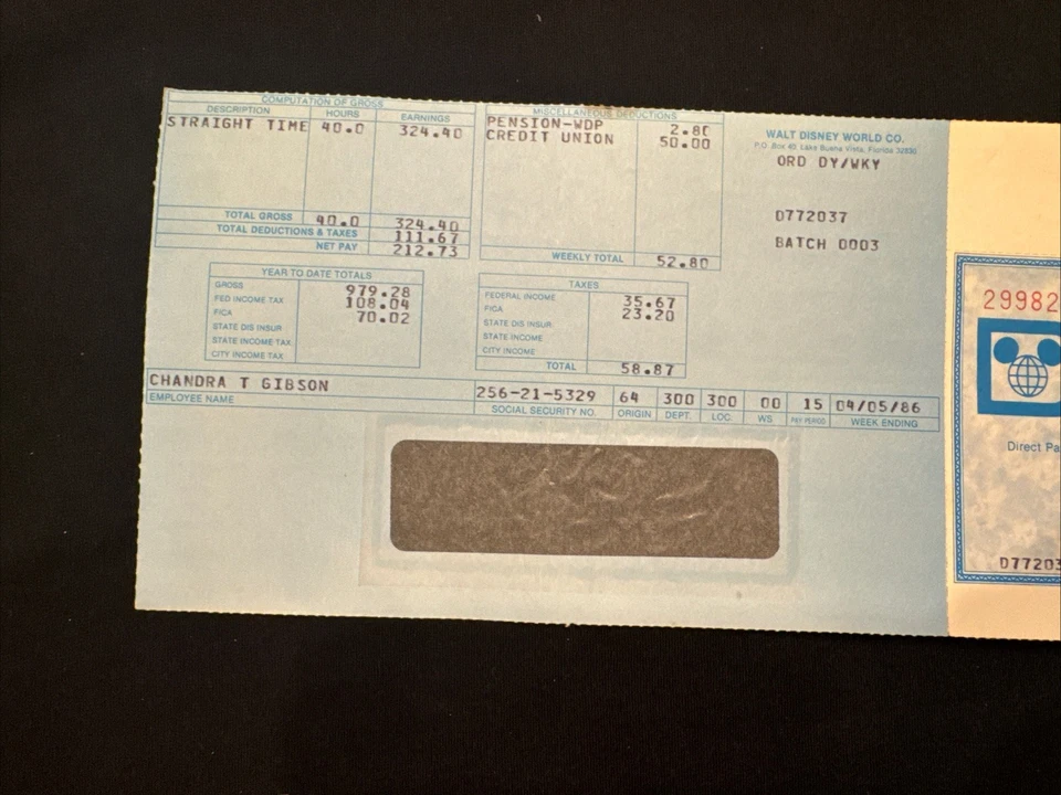 Cheque de pago de Walt Disney Co. - Walt Disney World - Miembro del elenco 1986 Foto 4 de 4