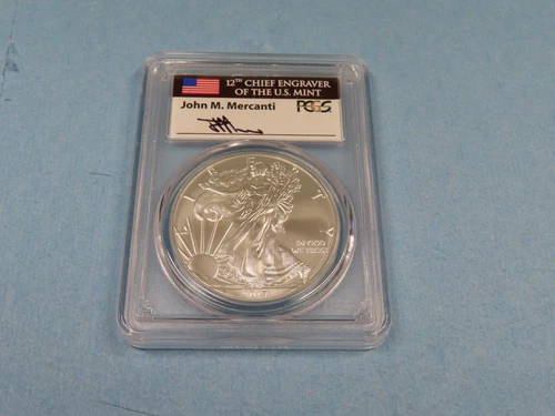 2017 W PCGS SP70 BURNISHED AMERICAN SILVER EAGLE COIN FIRST STRIKE JOHN MERCANTI
