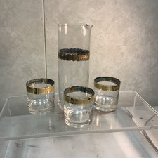 1950’s Vintage Martini Set With Pitcher And 3 Glasses All Rimmed In Gold