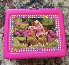 Barbie Pink Plastic Lunchbox with Floral Design and Barbie Graphics 1996