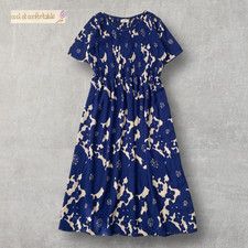 Shirred Boho Long Dress Botanical Rayon Short Sleeve Blue Japanese Vintage