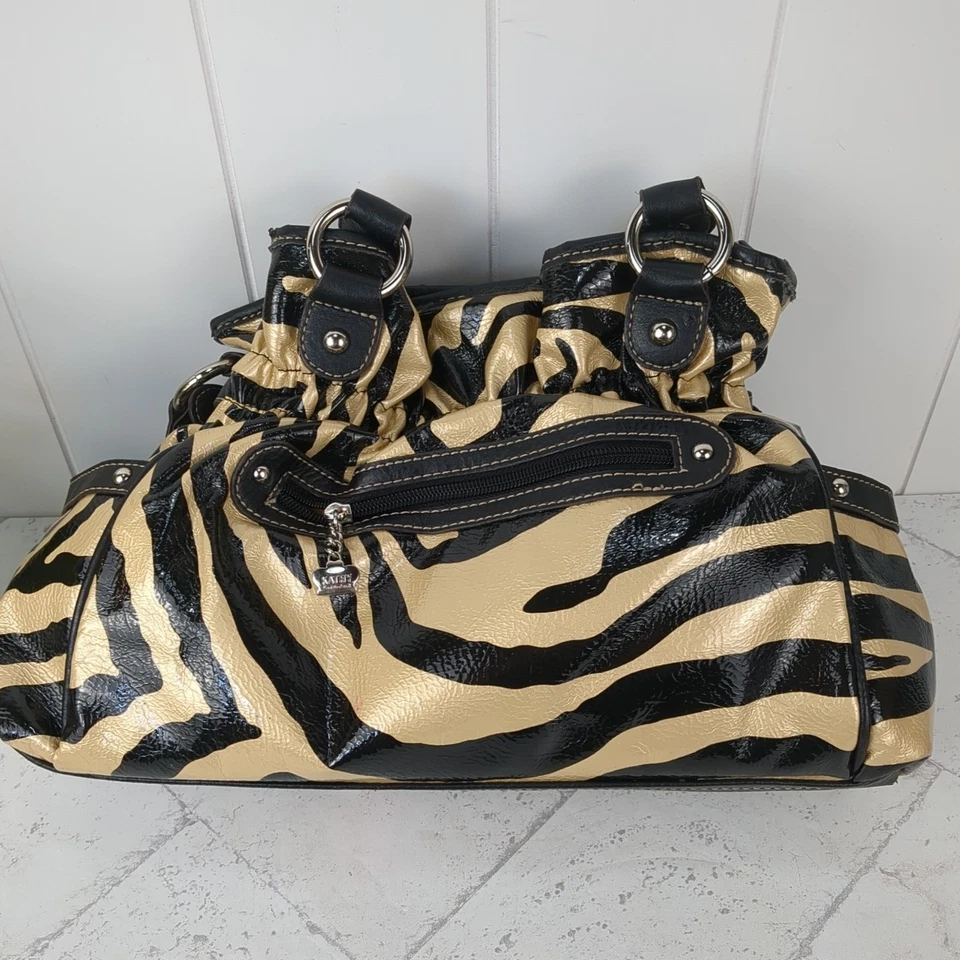 Kathy Van Zeeland Zebra Stripe Gold & Black Buckle Handbag Y2K Hobo Bag - Image 4 of 4