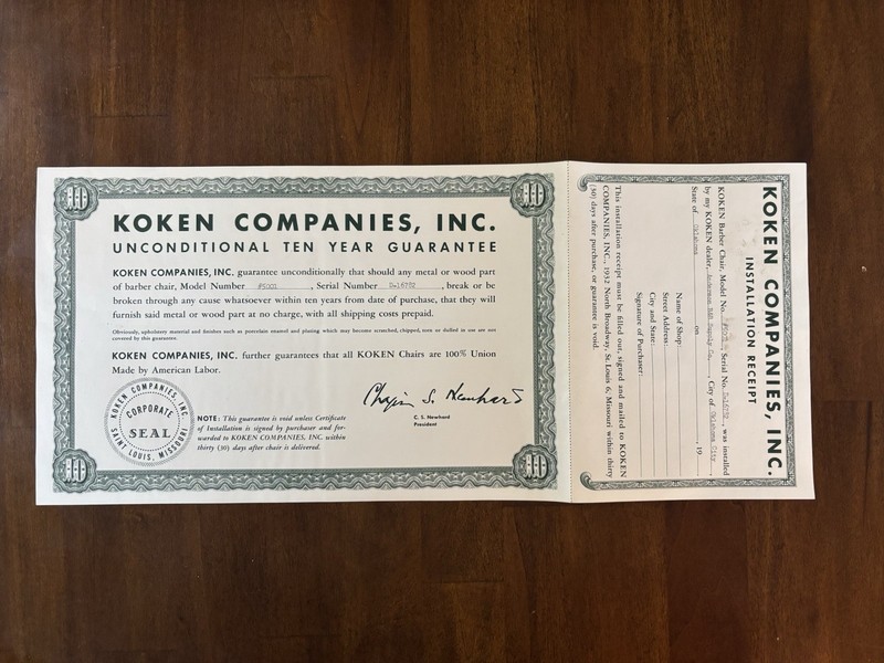 Koken Barber Supply Barber Chair 10 Year Guarantee Certificate