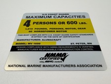 Alumacraft MV 1650 Boat Capacity Plate Replacement Decal Sticker 4 Person 60HP