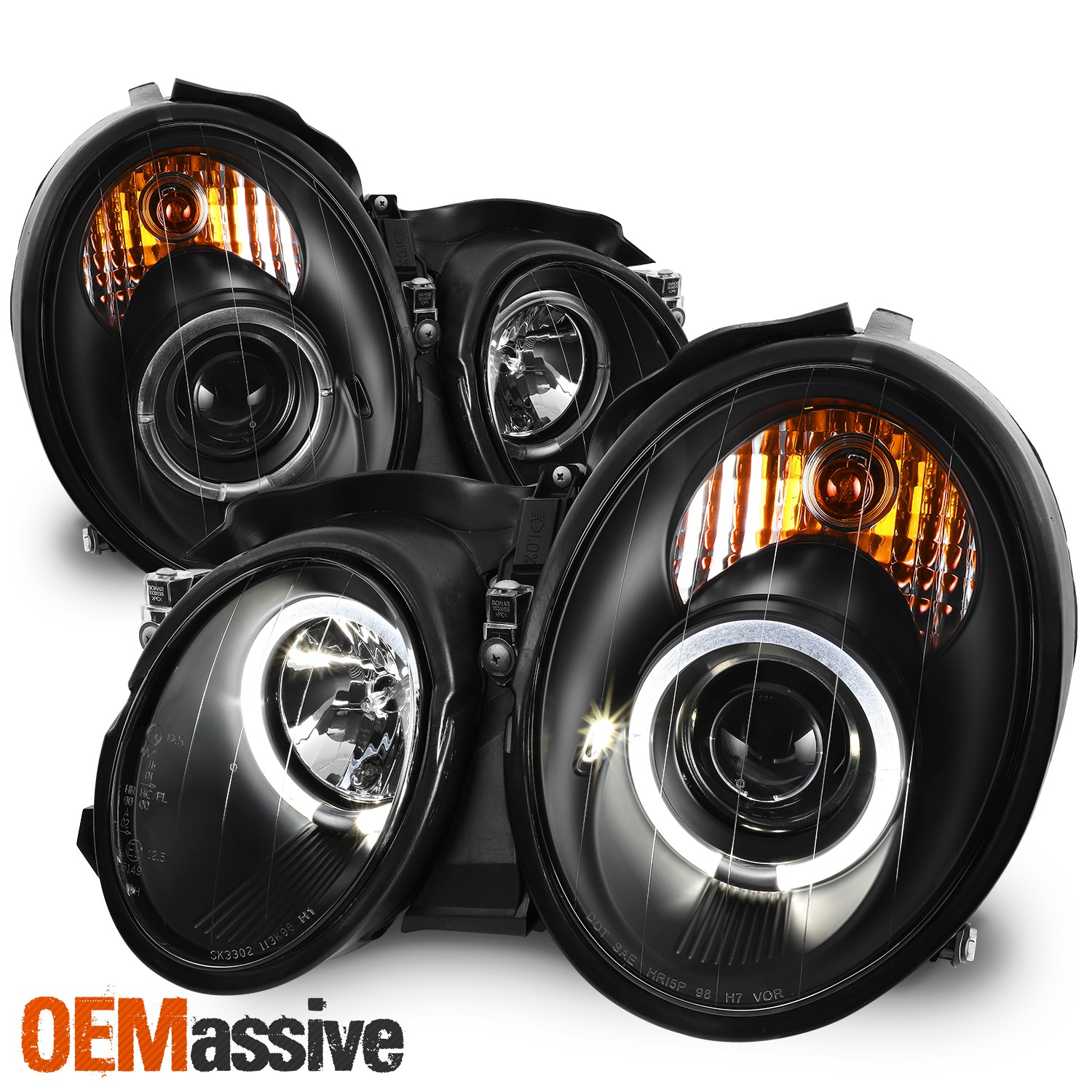 Fits 98-02 Mercedes Benz W208 CLK-Class JDM Black Dual Halo Projector Headlights