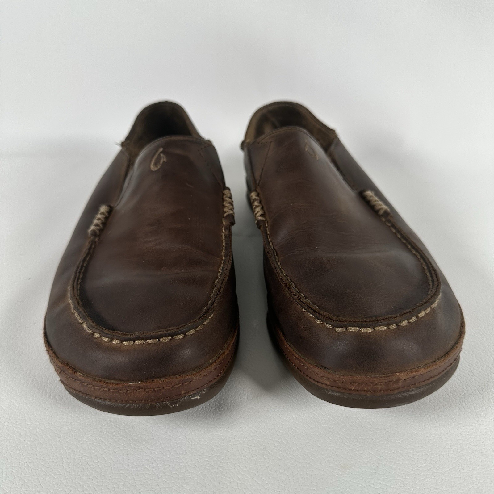 OluKai Shoes Men's 9 Moloa Aho Leather Slip On Loafers Casual Brown Waxed