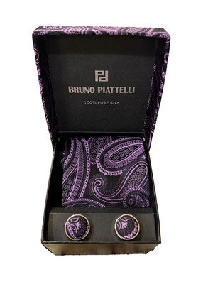 Bruno Piattelli Silk Tie Cufflinks Pocket Square Gift Set Purple Paisley New
