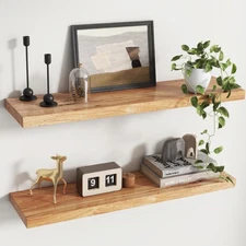 Rustic Elm Wood Floating Shelves for Wall, Flat Edge 36"W x 9.2"D x 1.4"H, Se...