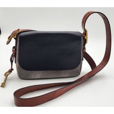 Fossil Crossbody Bag Womens Small Black Brown Key Charm Snakeskin EXC