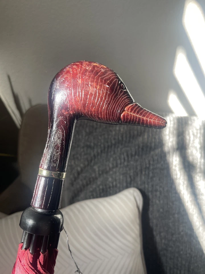 "Paraguas de colección bastón para caminar Aramis aves clima madera cabeza de pato 36" largo abierto 45""" Foto 3 de 4