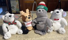 Lot of 4 Coca Cola Coke Plush Beanie Polar Bears, Seal Reindeer W/Tags Bean