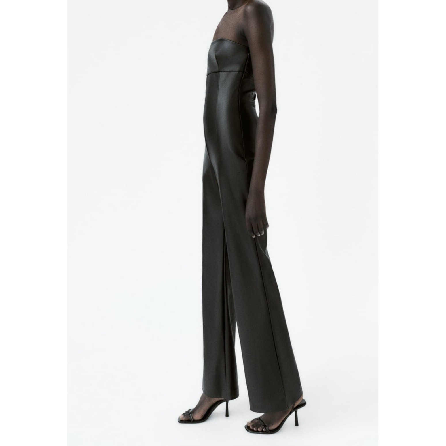 ZARA Black Faux Leather Strapless Jumpsuit SZ L image 5