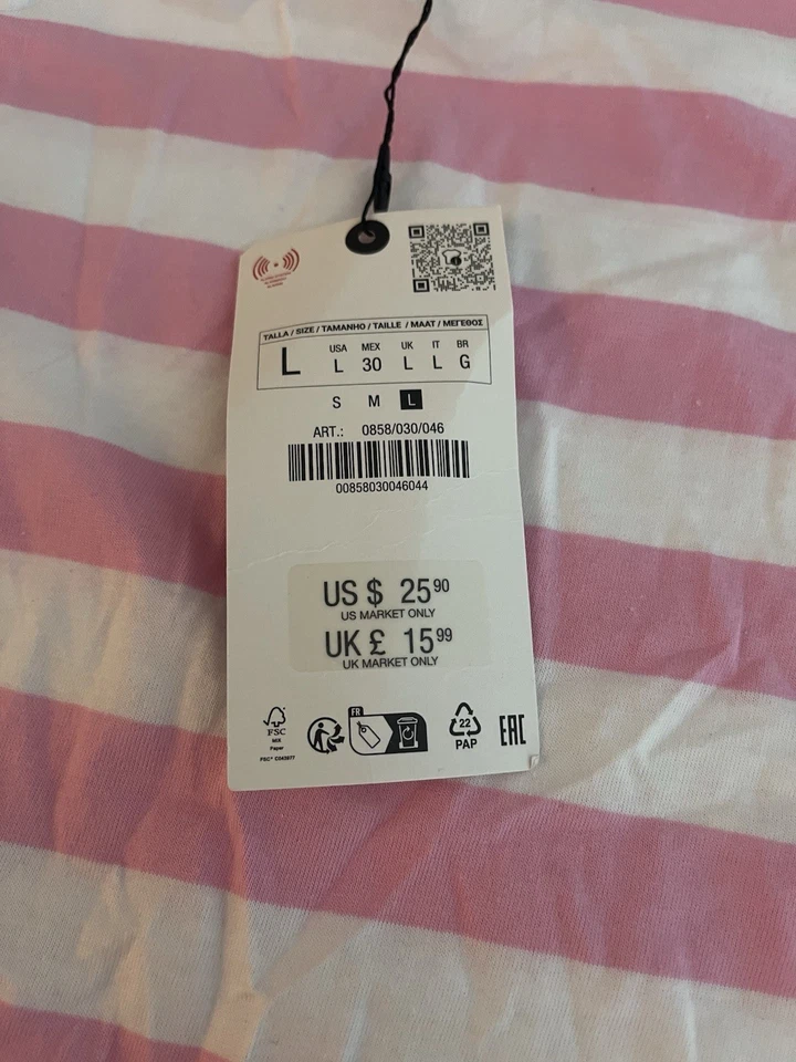 Brand New With Tags Zara Pink White Stripe Padded Shoulders Tshirt Size L - Image 4 of 4