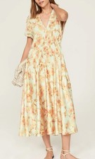 Vince Soleil Floral Satin V-Neck Midi Dress M 6 8 Pink Ivory Peach Pleatless