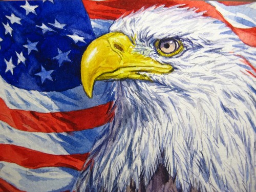 Watercolor Painting Bald Eagle Bird American Flag ACEO Art No.19